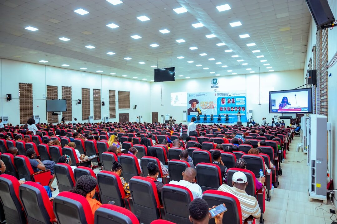 Lecture hall with students attending a media production course