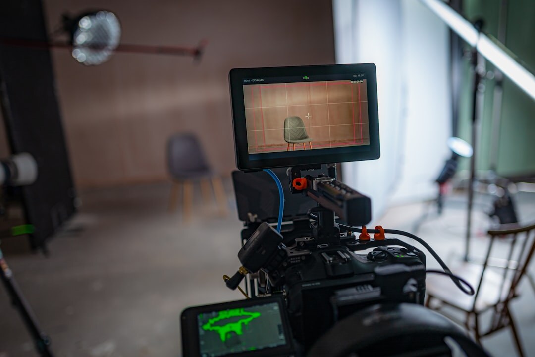 Video production equipment camera and lights in a professional studio
