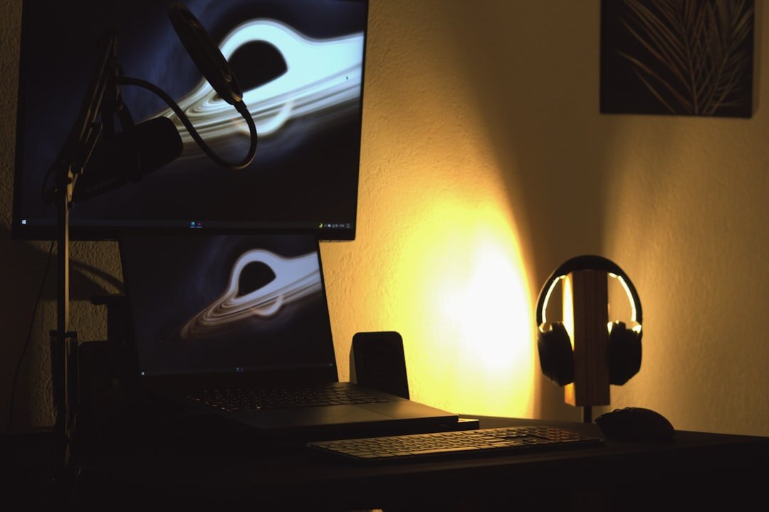 Podcast recording studio with microphone and headphones