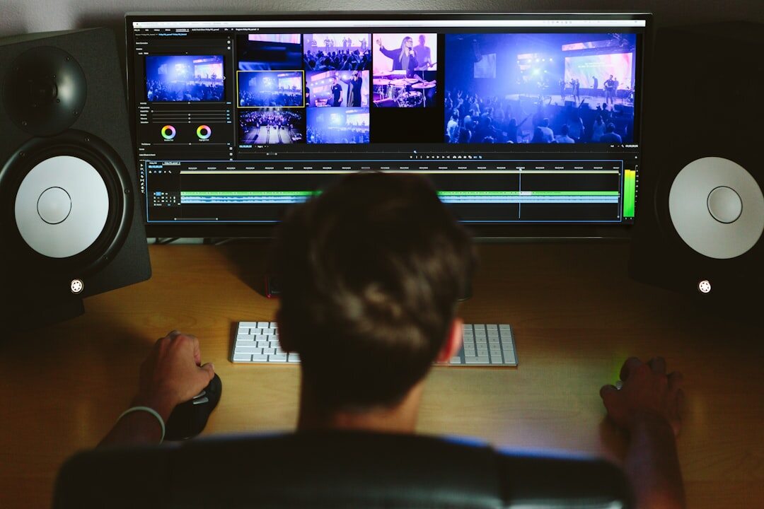 Video editor working on post-production in dark editing suite